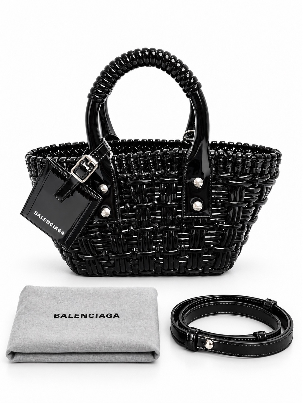 Balenciaga Bistro XXS Black Woven Basket Bag Mini Tote Crossbody Strap New